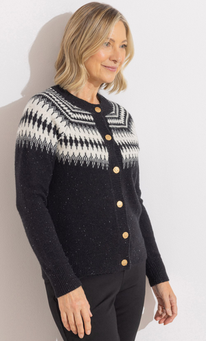 Anna Rose Patterned Knit Button Up Cardigan - Black/Ivory