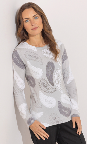 Anna Rose Embellished Paisley Print Knitted Jumper - Grey/Ivory