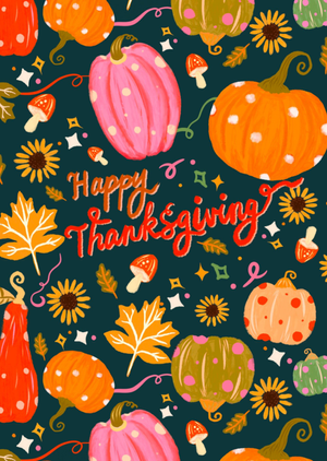 Fun Mushrooms Sunflowers Pumpkins Patterned Thanksgiving Card