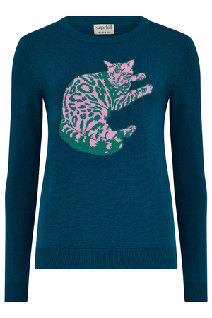 Rowena Sweater Teal, Sunbathing Kitty Cat (L)