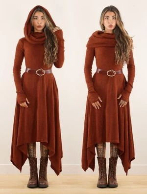'Robe pull longue à gros col et capuche "Mantwëen", Terre de sienne'
