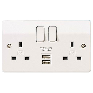 MK Electric K2744WHI Logic Plus White Moulded 2 Gang Double Pole Switchsocket With 2 x USB Ports 13A