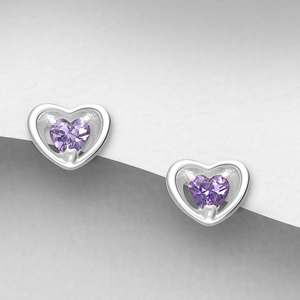 Signature Silver February Amethyst CZ Heart Stud Earrings