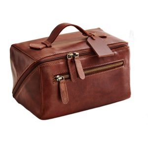Tan Leather Lay Flat Wash Bag