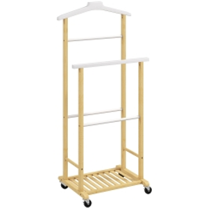 HOMCOM Galán de Noche Bambú con Ruedas Percha Superior Barras para Pantalones y Balda Inferior para zapatos Natural y Blanco