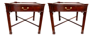 Late 20th Century Baker Furniture Chinese Chippendale Mahogany Carved Square End Tables - A Pair