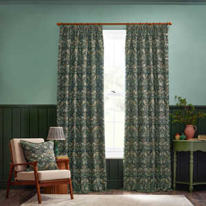 Strawberry Thief Jacquard Floral Curtains Forest Green
