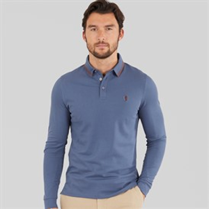 Remus Uomo Mens Tipped Collar Long Sleeve Polo Shirt Air Force Blue