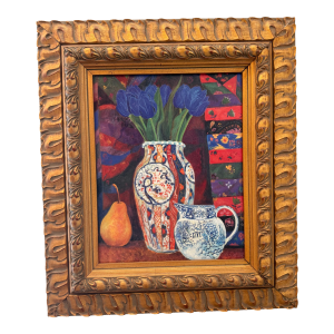 Vibrant Fauvist-Style Still Life Painting, Blue Tulips With Chinoiserie Vase & Pear, Framed
