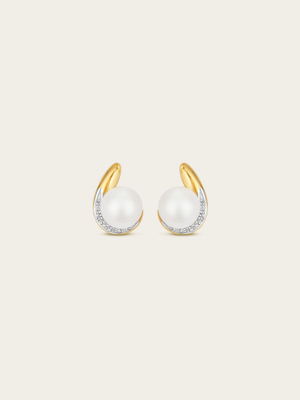Freshwater Pearl & Natural Diamond 9K Yellow & White Gold Stud Earrings