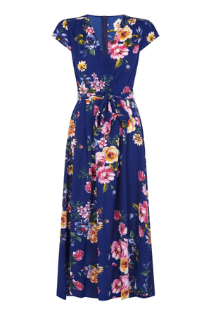 Mela Blue Floral Wrap Over Dipped Hem Midi Dress (XXXL)