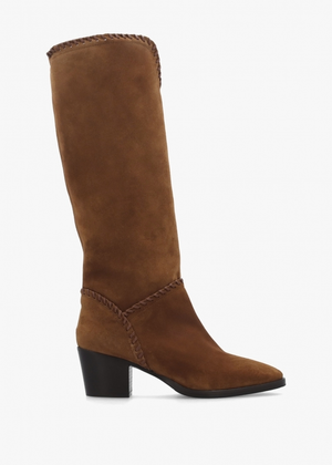 Nyla Tan Suede Whipstitched Stacked Heel Knee Boots
