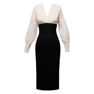 Lunaria Black & Beige Midi Cotton Dress With Fitted Waist And Pencil Skirt (S)