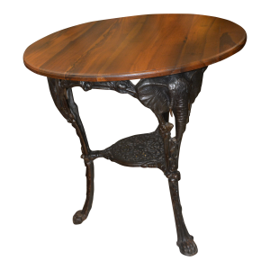 1970s Vintage Cast Iron Elephants & Lion Faces Wood Top Accent / Occasional Round Side Pub Table