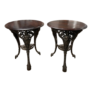 Pair of Antique Cast Iron Round Side Tables With Mahogany Tops, Circa 1880