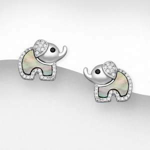 Signature Silver CZ Mother Of Pearl Elephant Black Stud Earrings