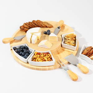 Dish & Dash Bamboo Round Platter with 4 Ceramic Bowls & Knives