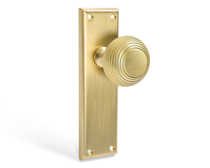 Beehive Latch Door Knob on Backplate - Brushed Brass  - Pair - Designer Levers