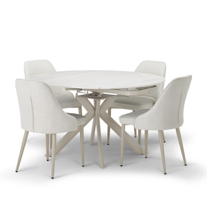 Lucia Ceramic Round Dining Table with 4 Aria Dining Chairs in Cream with Cappuccino Metal Legs
