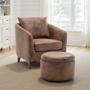 Faux Leather Suede Brown Angela Accent Tub Chair with Ottoman