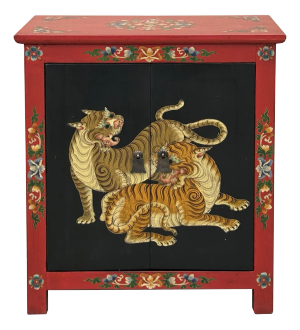 Tibetan Oriental Black Red Tigers Graphic End Table Nightstand