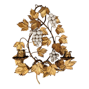 Vintage Italian Florentine Gilt Gold Tole Grape Leaf Double Arm Wall Sconce
