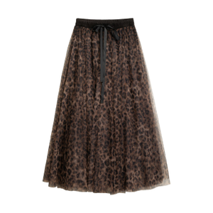 Long Leopart Print Skirt In Net With Elastic Waist Brown (L)