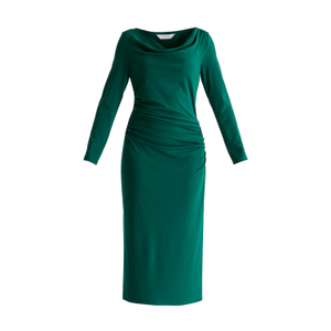 Ruched Jersey Dress With Draped Neck In Green (S)