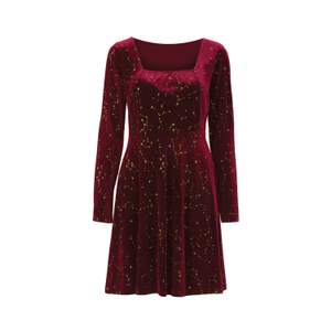 Yumi Burgundy Star Foil Print Long Sleeve Skater Dress (L)