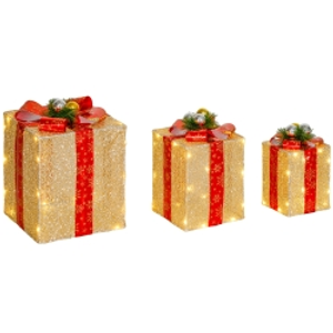 Outsunny Juego de 3 Cajas de Regalo Navidad con 58 LED Blanco Cálido Adornos Luminosos para el Árbol de Navidad Dorado