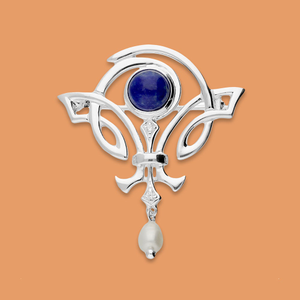 Signature Silver Lapis & Pearl Art Nouveau Brooch