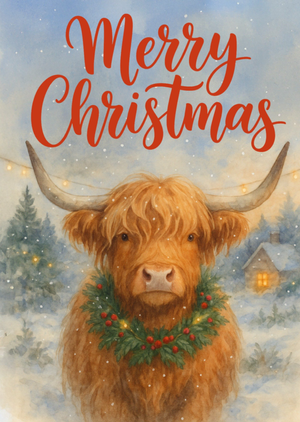 Traditional Highland Cow Snowy Scene Christmas Card