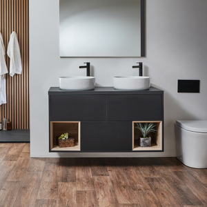 Milano Bexley - Black Grey 1200mm Wall Hung Open Shelf Vanity Unit with Round Countertop Basins
