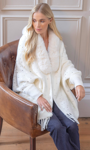 Faux Fur Trim Sequin Knitted Cape - Ivory