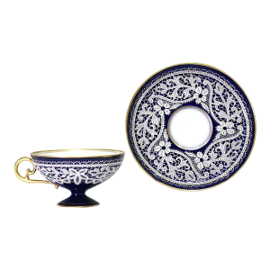 Testolini & Salviati Cobalt Blue and White Porcelain & Gilt Tea Cup and Saucer Set (10 Sets Available) Italy