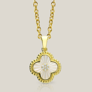 Signature Gold Plated Art Deco Zirconia & Pearl Clover Necklace