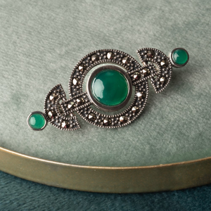 Signature Silver Marcasite & Green Agate Brooch