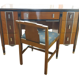 1920s Northern Furniture Co. Art Deco Walnut, Chrome and Ebonized Wood Desk & Chair - Set of 2