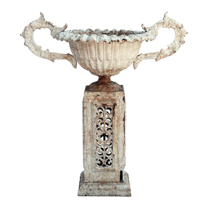 Late 19th Century Neoclassical Style Cast Iron Urn With Lattice Style Stand