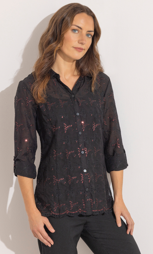 Anna Rose Embellished Broderie Anglaise Blouse - Black/Red