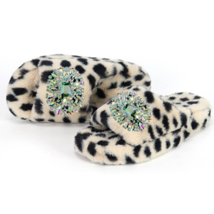 Eco Faux Fur Cheetah Platform Slide Slippers – Iridescent Rhinestone Brooches (L)