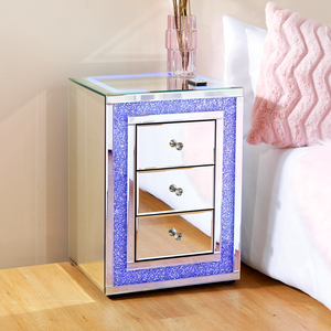 Freya & Sol Glam Mirrored Diamond 3 Drawer Bedside Table with Wireless Charging, LED Lighting, and Bluetooth Speakers