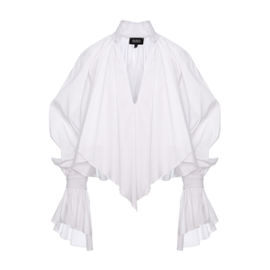 White Oversized Shirt With High Collar And Balloon Sleeves (XS)