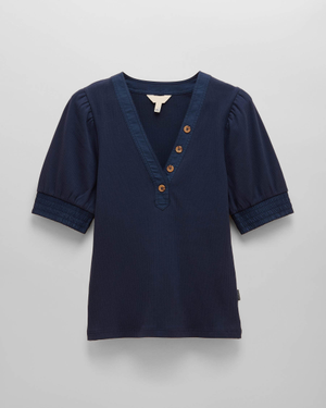 Joules Tabitha Womens Ribbed V-Neck Top With Puff Sleeves - Navy