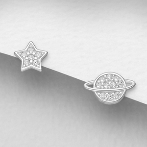 Signature Silver Mismatched Star & Saturn Stud Earrings