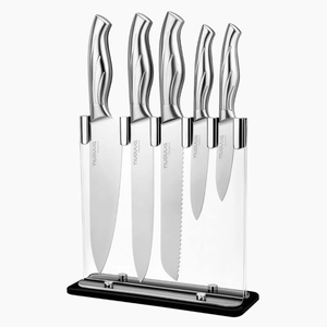 5 Pieces Kitchen Knife Set - Chef, Filleting, Bread, Paring & Utility with Clear Acrylic Block