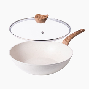 Induction Non-Stick Wok Pan - Deep Stir Fry Pan with Lid - 28cm - Cream Granite