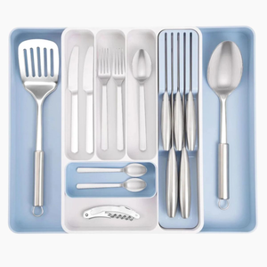 Adjustable Cutlery Drawer Organizer – Expandable Utensil Tray - White & Sky Blue