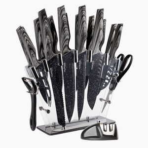 Kitchen Knife Set with Block, Sharpener, Peeler & Scissors - 17Pcs - Grey Granite