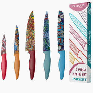 5-Piece Kitchen Knife Set – Chef, Filleting, Bread, Paring & Utility - Non-Stick - Paisley Pattern